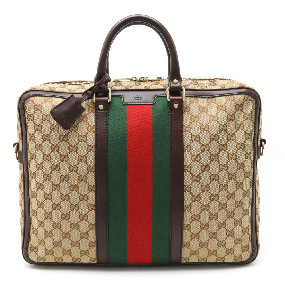 Gucci GG Canvas Sherry Business Bag Briefcase Leather Beige Cream Dark Brown